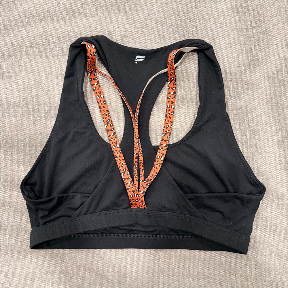Womens Black Sports Bra Leopard Accent Straps Racerback Large‎